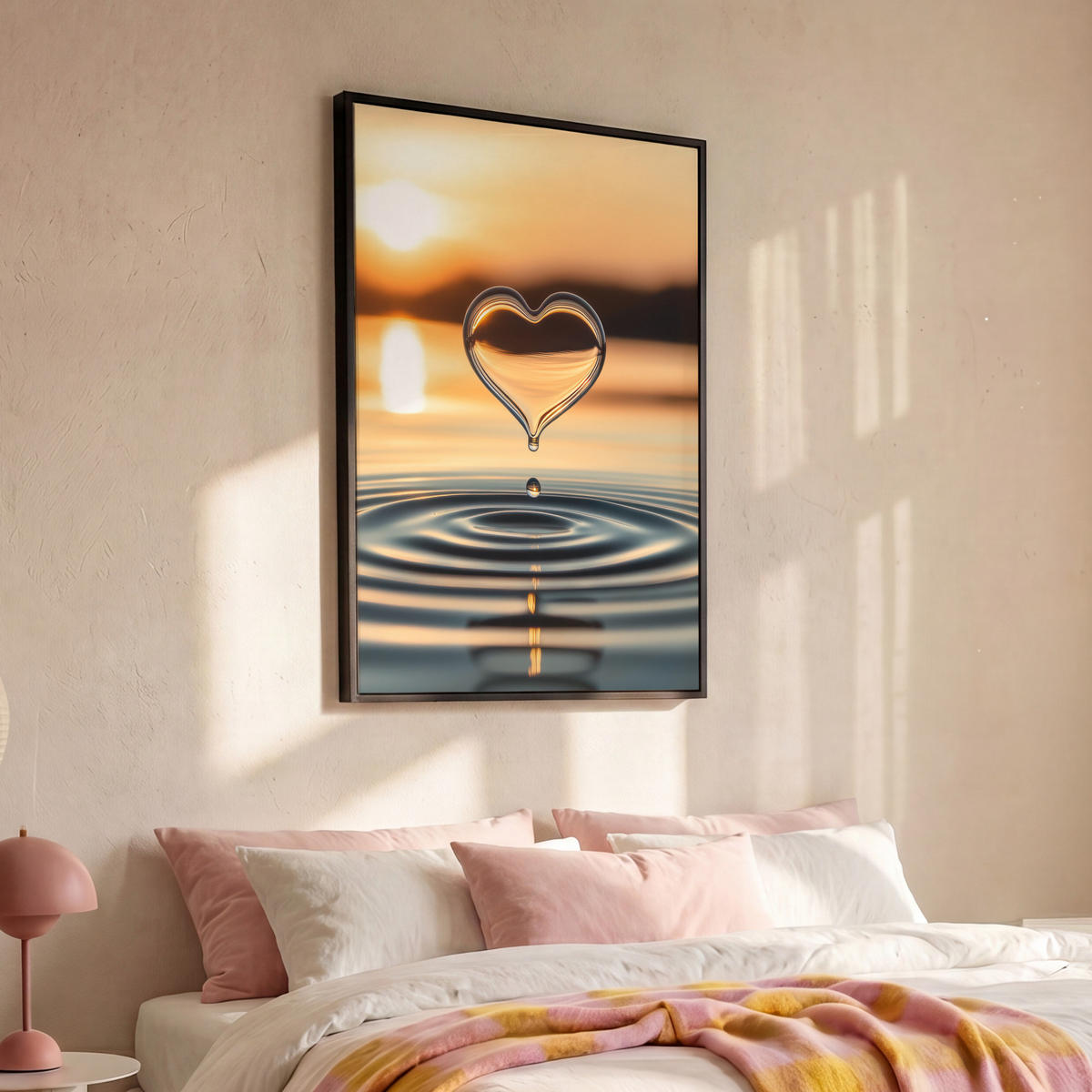 LEINWAND Bilder mit Rahmen - Herz - Wasser - Sonnenuntergang - Natur - Zen - 80x120 - Bernsteinfarben, Textil (80/120cm) - MuchoWow