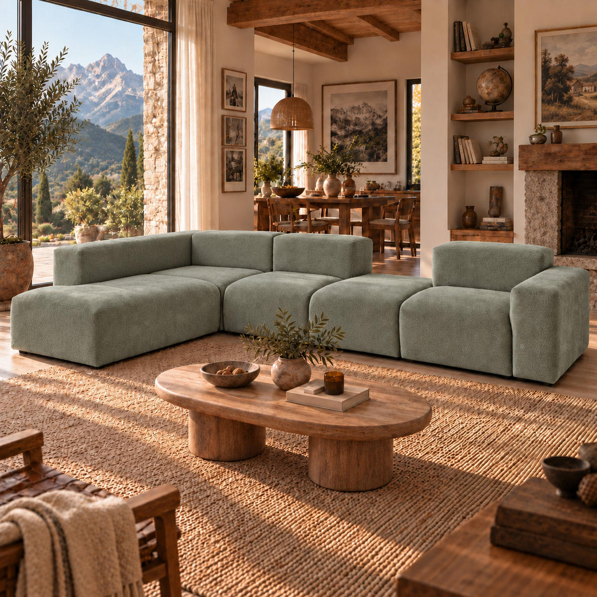 5-SITZER modulares Ecksofa HEAVEN SET 5 Links, Breite 380 cm Webstoff Grün - Schwarz/Grün, Holz/Kunststoff (380/245cm) - Muffo