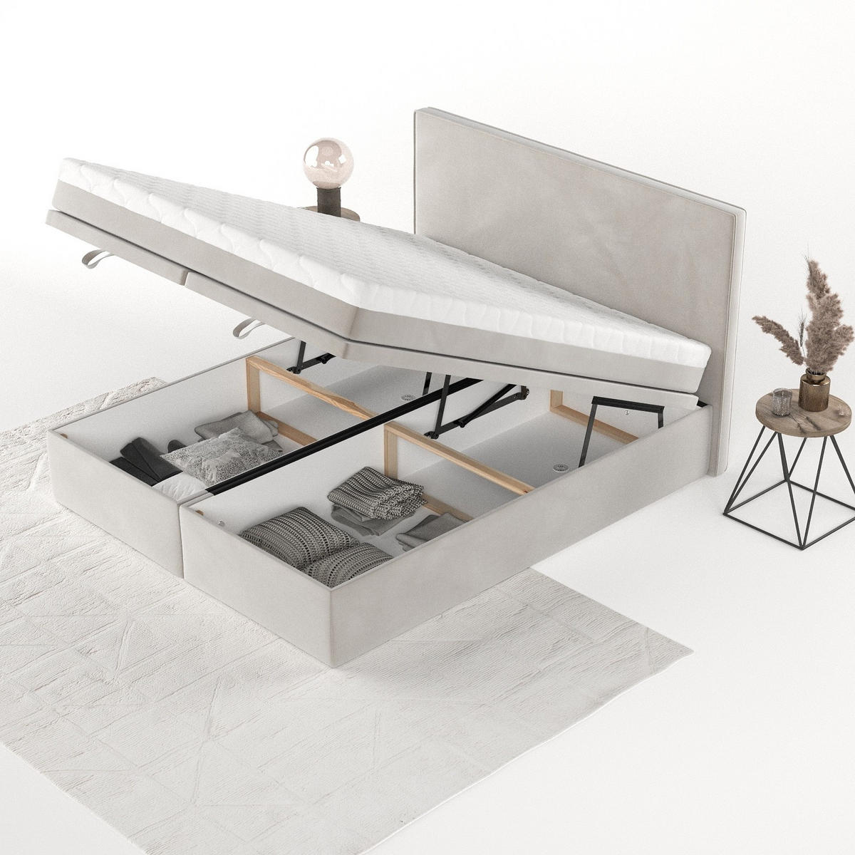 BOXBETT Zalla 180/200 cm Hellbeige im Paros Stoff - Beige/Schwarz, Holz/Holzwerkstoff (180/200cm) - AltaBeds