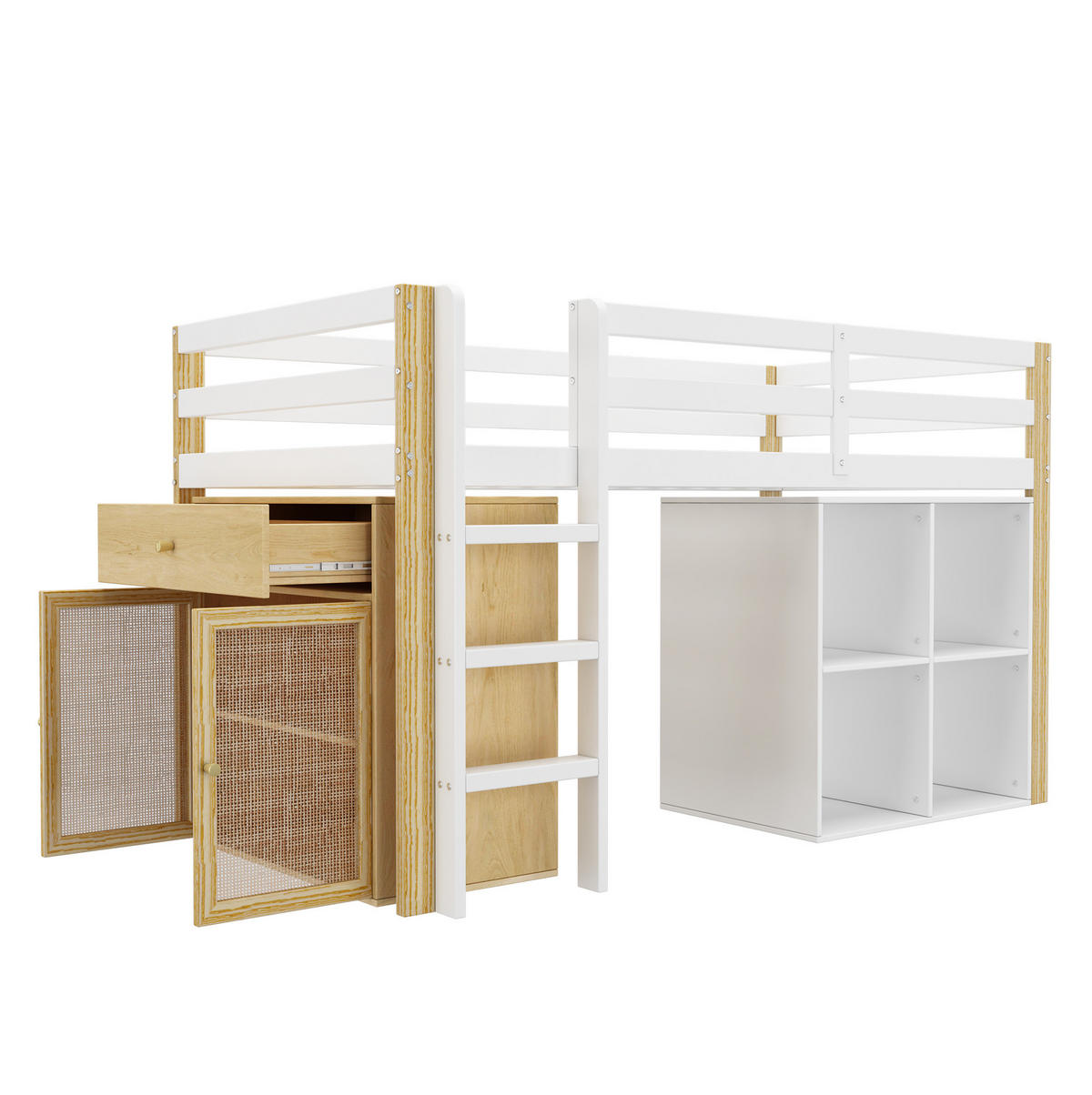 KINDERHOCHBETT mit 2 Aufbewahrungsschränken, 90/200 cm, Natur/Weiß, ohne Matratze - Weiß, Holz (90/200cm) - MIVRAY