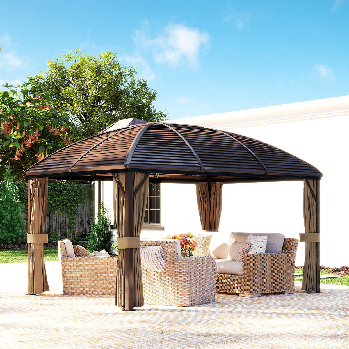 GARTENPAVILLON, Partyzelt, Festzelt, 4 x Doppel-Seitenteile, wasserdicht, 2 Laternenhaken, ca. 4 x 3 x 2,8 m, Braun - Braun, Metall (398/280/298cm)