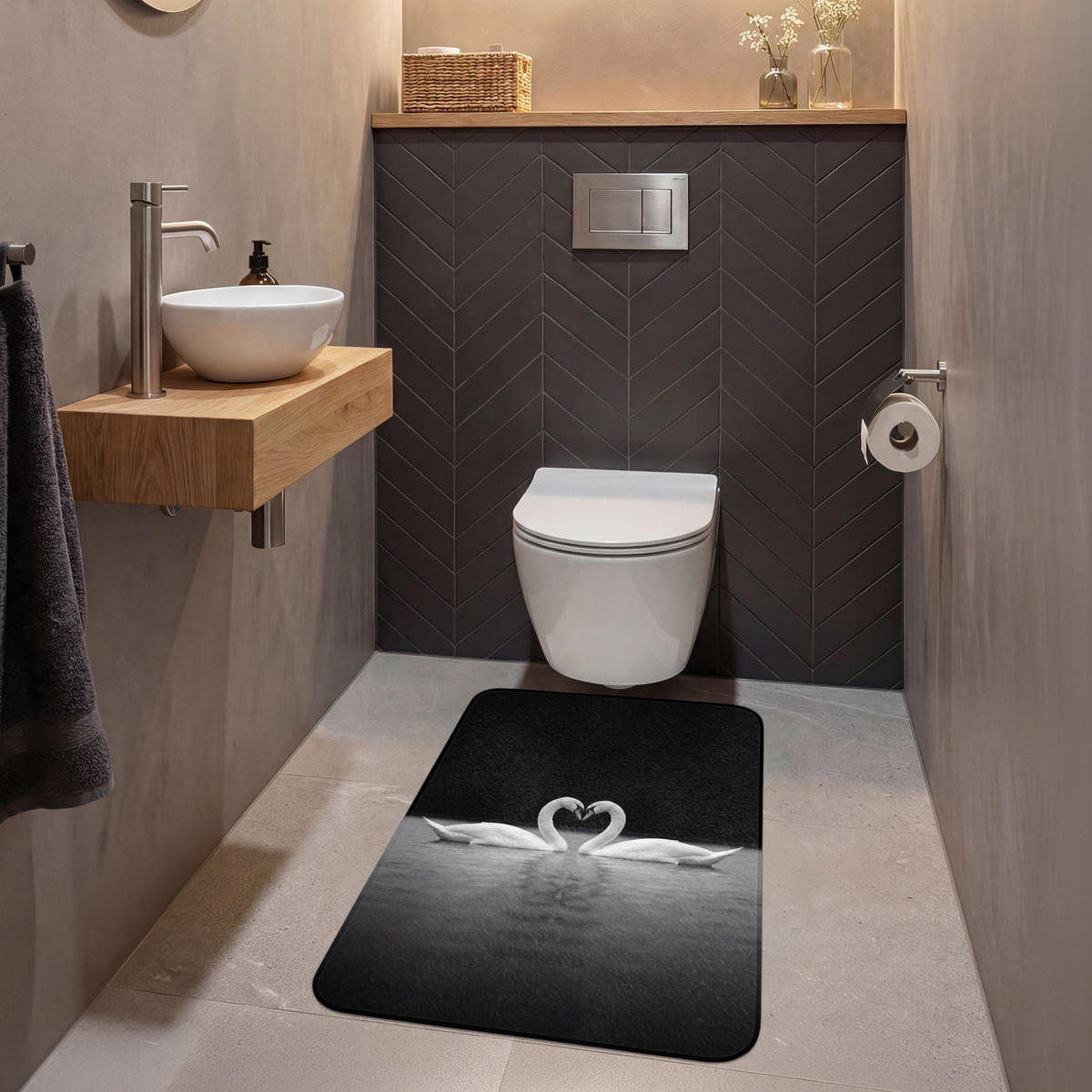 WC PŘEDLOŽKA Labutě - srdce - černá - bílá 60x90 cm - černá, textil/plast (60/1cm) - OnlyWow