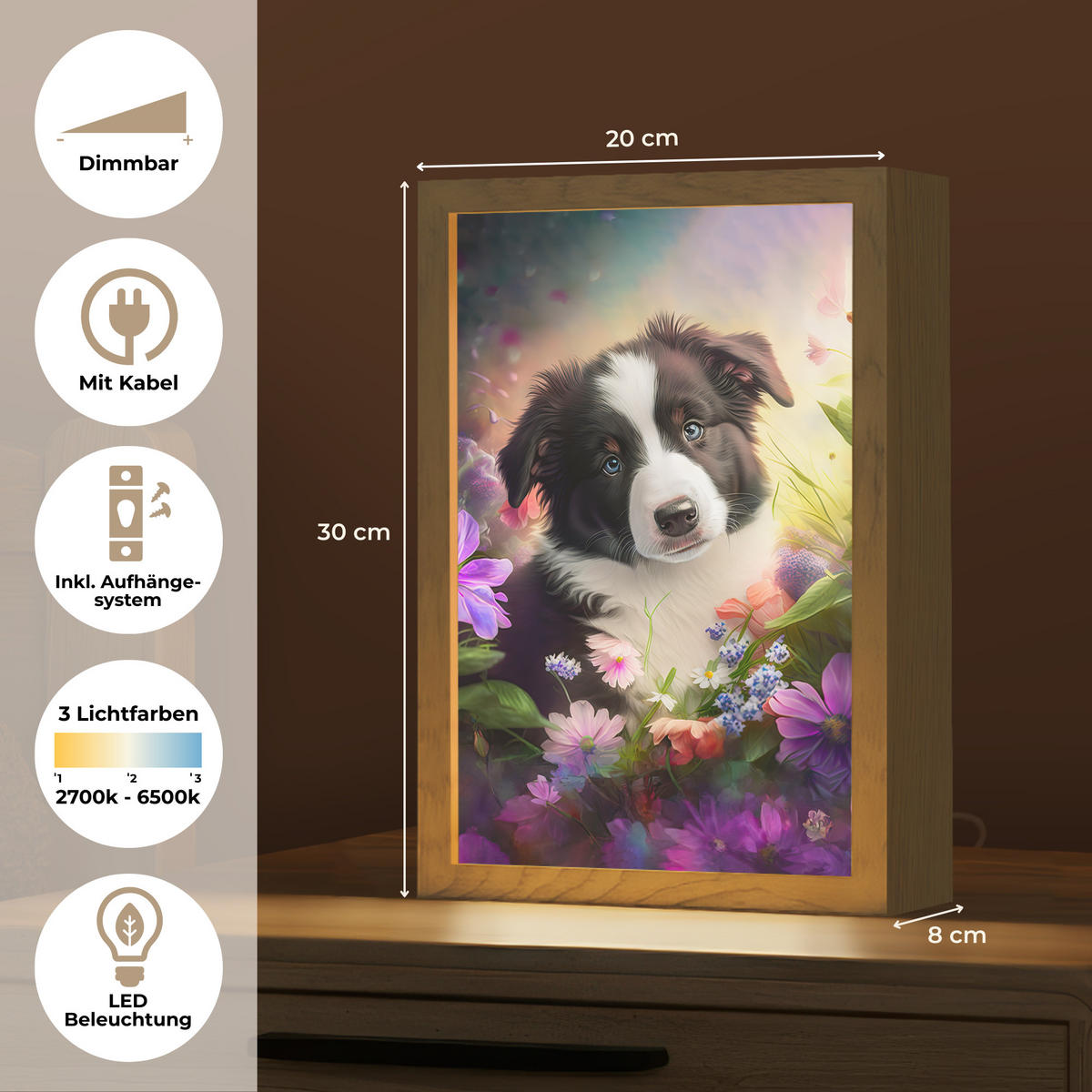 NACHTTISCHLAMPE Welpe - Sonne - Blumen - Natur - Border Collie - Hund 20x30 cm - Violett, Holzwerkstoff (8/20/30cm)