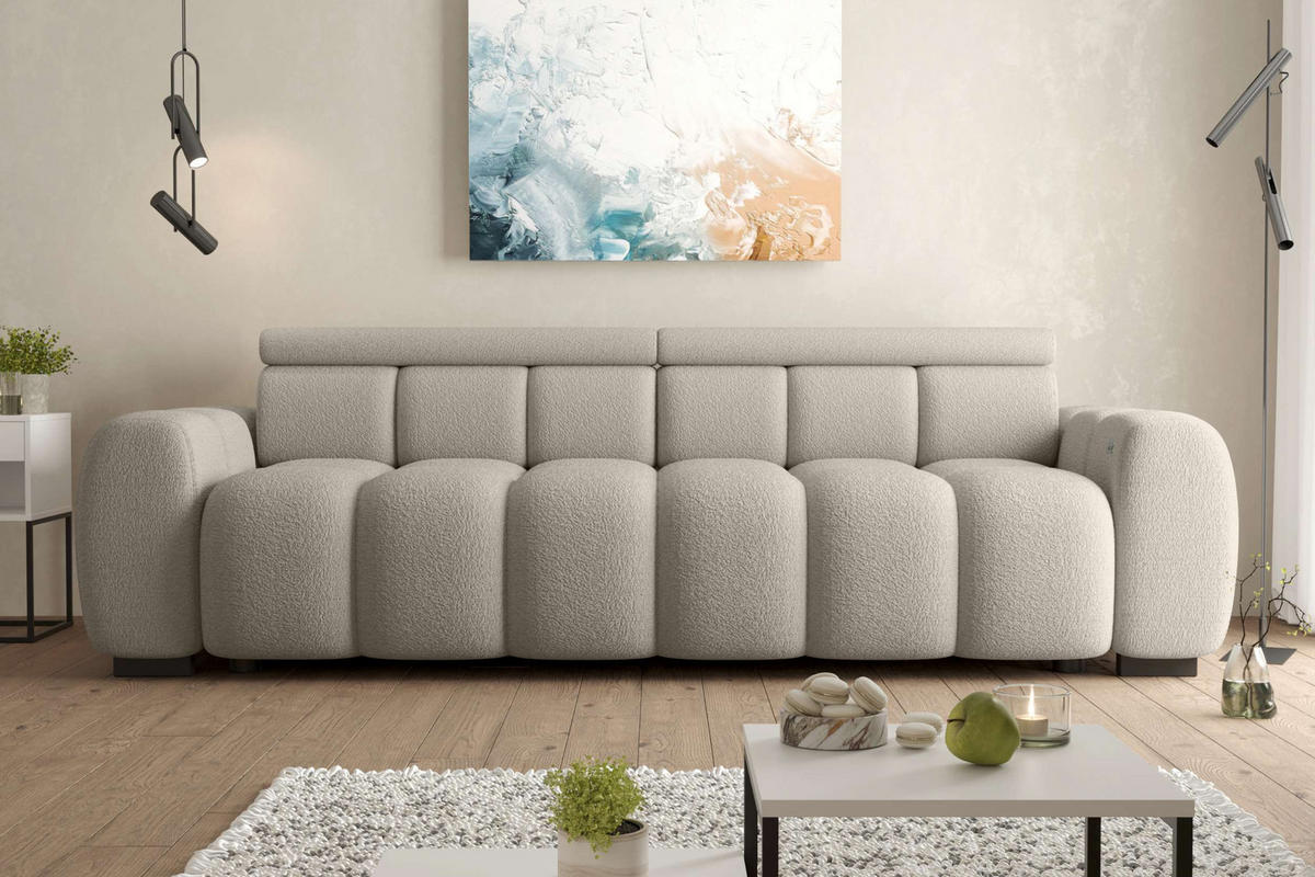 BIGSOFA ALESSIO Bouclé-Stoff Cappuccino mit elektrischer Sitztiefenverstellung - Cappuccino, Kunststoff/Textil (248/77/108cm) - 99rooms