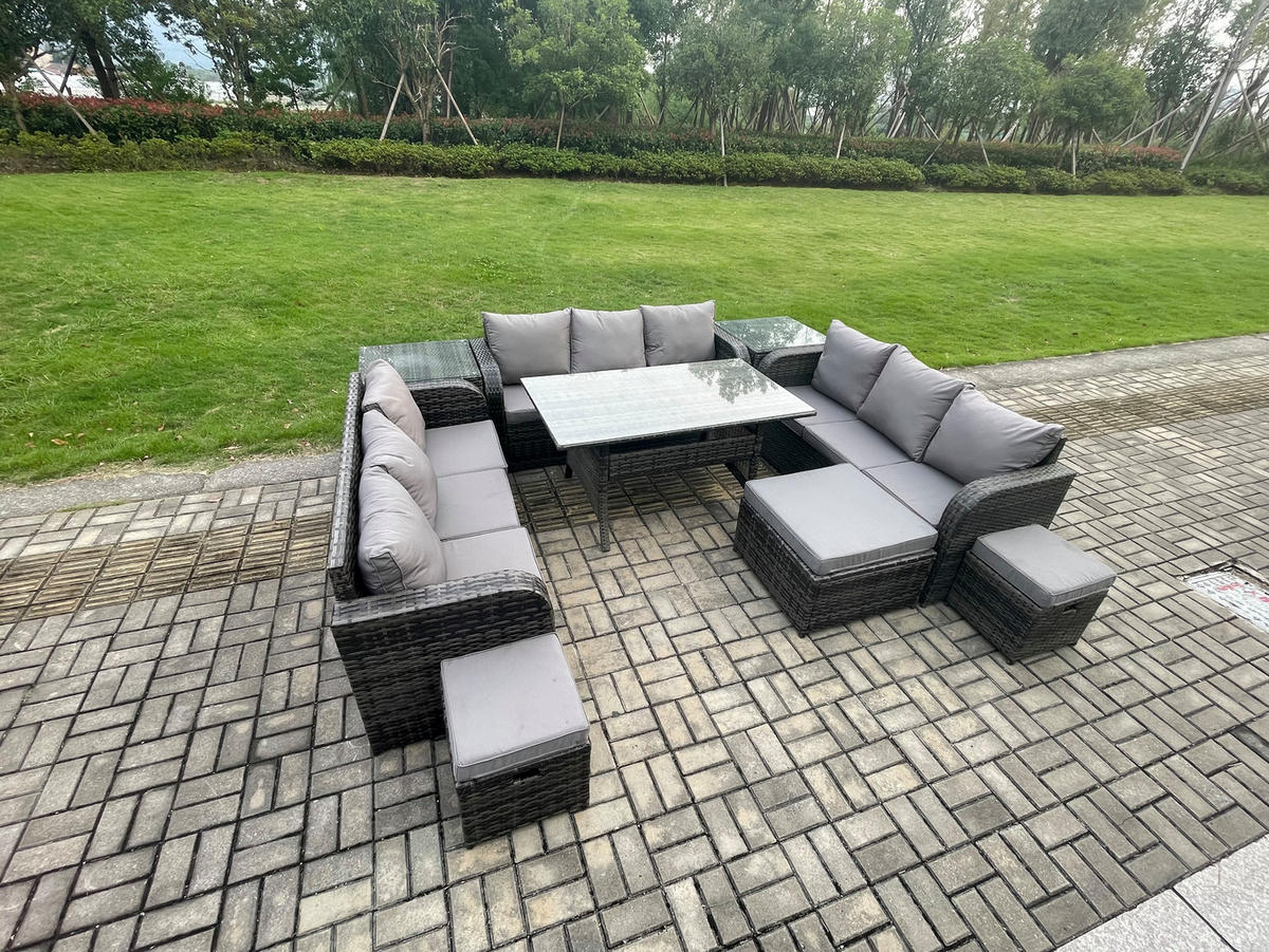 GARTENTISCHGRUPPE mit 3 Hocker Polyrattan Dunkelgrau 12-Sitzer - Dunkelgrau/Grau, Glas/Kunststoff - Fimous