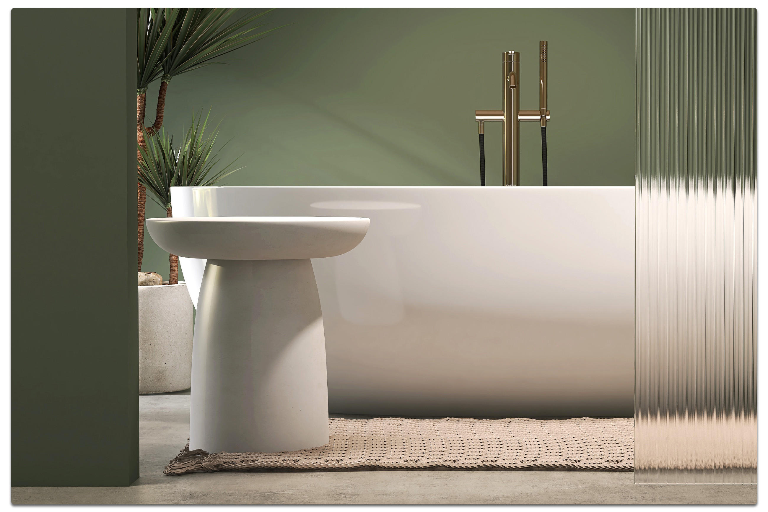Modernes Badezimmer mit freistehender weißer Badewanne, goldfarbenen Armaturen, kleinem weißen Beistelltisch und beigem Teppich – stilvolle Einrichtung mit grüner Wandfarbe und Pflanzenakzenten.