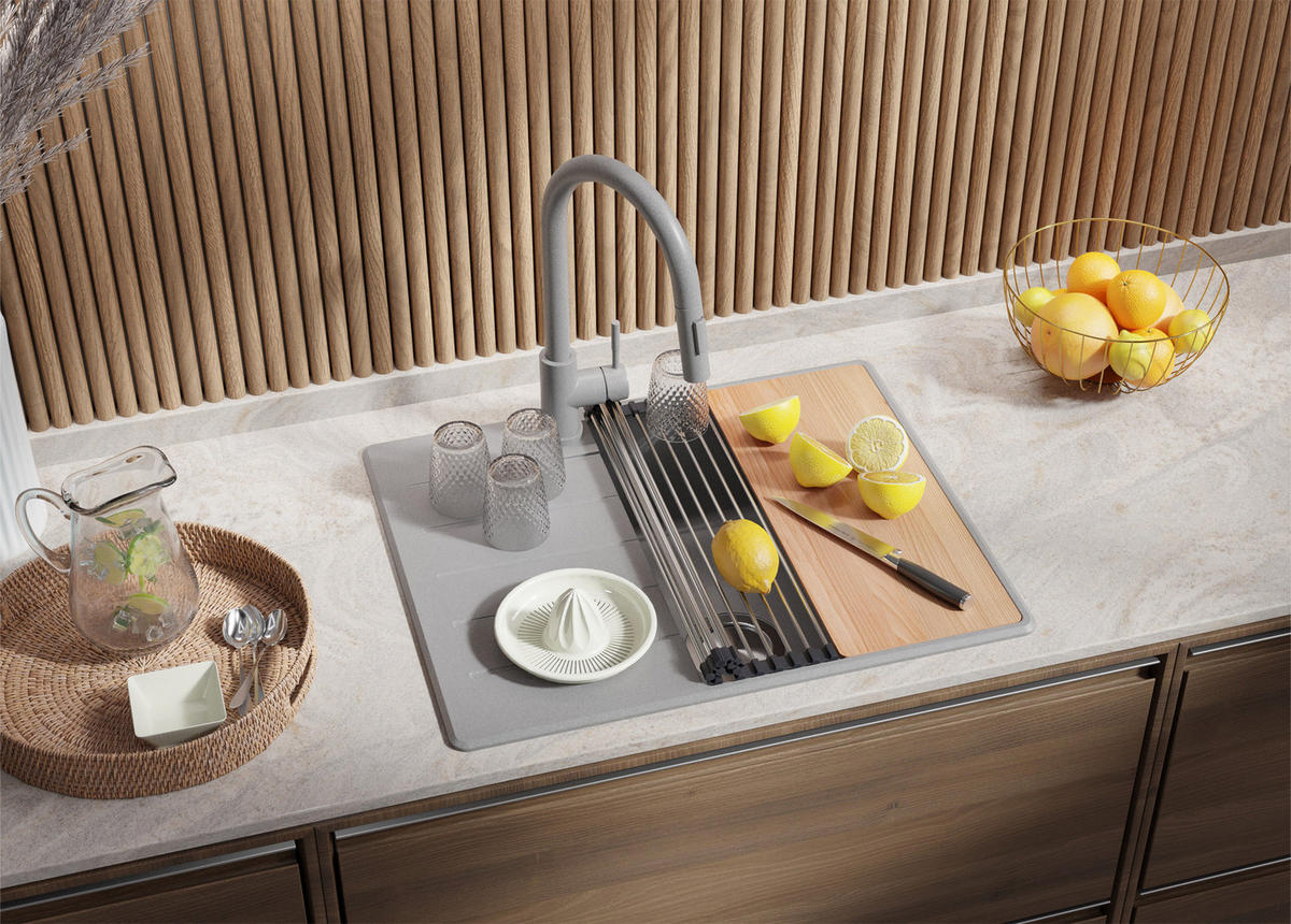 SPÜLBECKEN Kopenhagen, 2-er set Grau 62/50 cm 1 Becken + Ablauf-Set + Schneidebrett ab 45er Unterschrank - Beige/Grau, Kunststoff (62/20/50cm) - Primagran