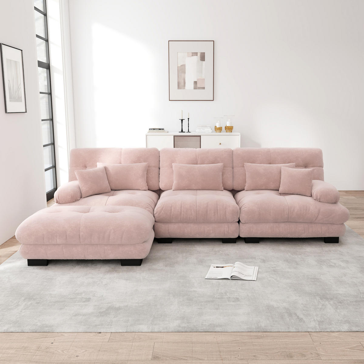 ECKSOFA 313/145/81 cm in Rosa aus Chenille mit Ottomans und modularer Form - Pink, Textil (145/313cm) - Flora Grace