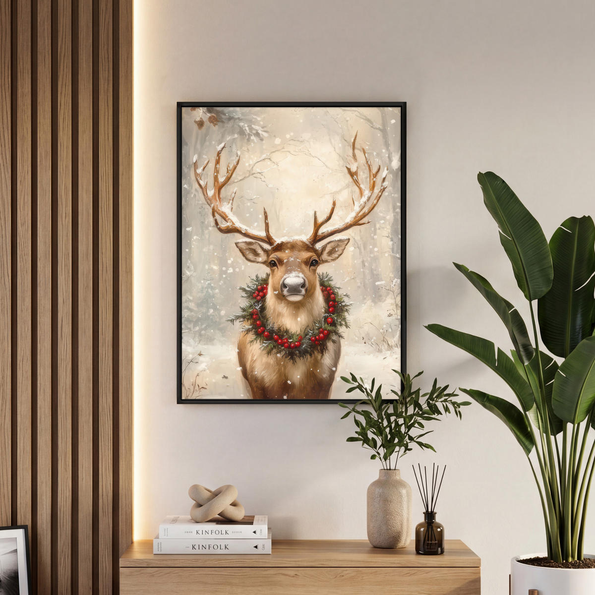 LEINWAND Bilder mit Rahmen - Weihnachten - Rentier - Winter - Kranz - 50x70 - Naturfarben, Textil (50/70cm) - MuchoWow