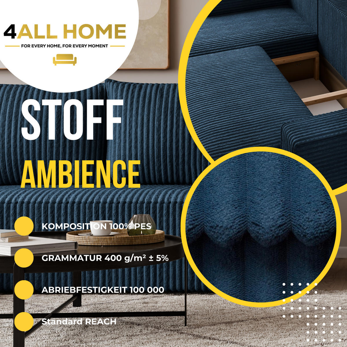 ECKSOFA Tobi mit Bettkasten und Schlaffunktion, L-Form, Cordstoff, Universal - Dunkelblau, Holzwerkstoff (246/145cm) - 4ALL HOME