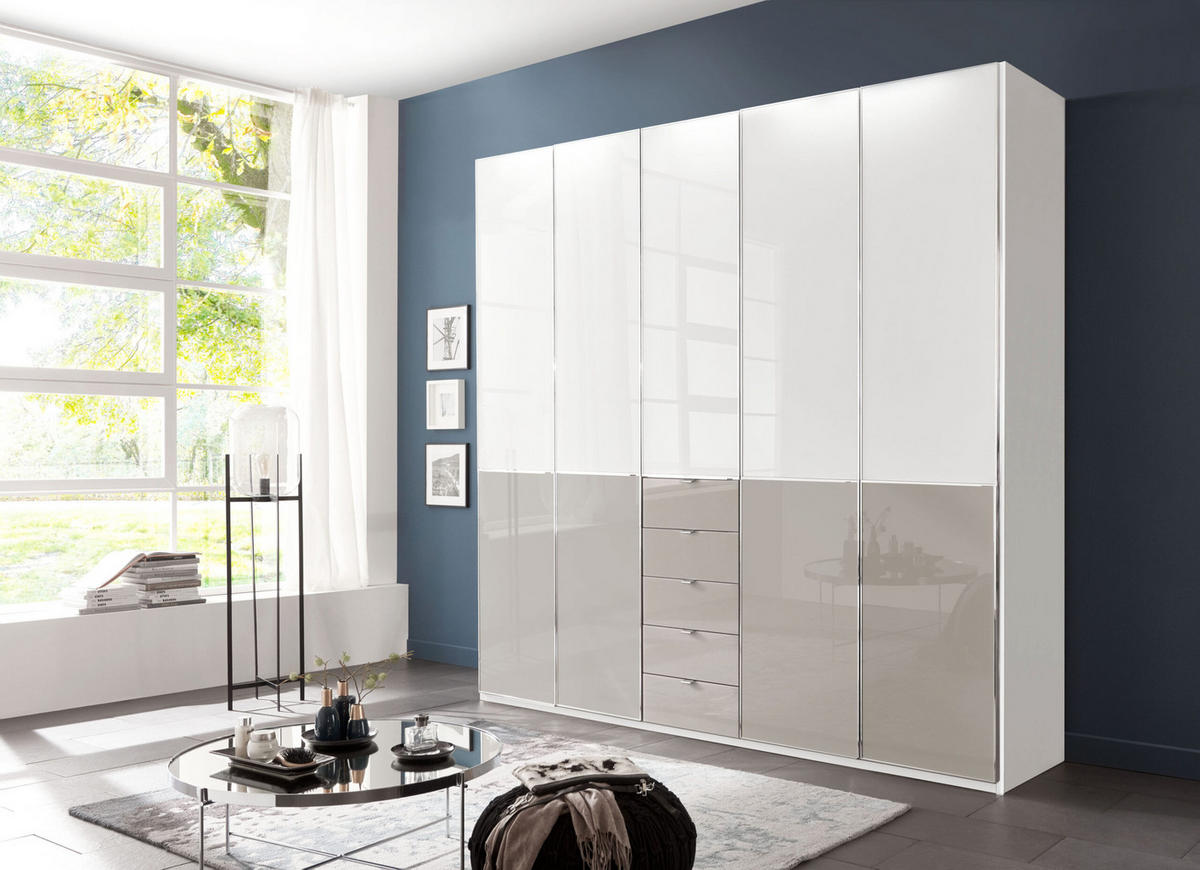 SCHLAFZIMMER Sentara in Weiß und Kieselgrau 4-teilig mit Kleiderschrank 250cm Breite inklusive Beleuchtung, Doppelbett 180x200cm, zwei Nachttische - Weiß, Holzwerkstoff (80/200/120cm)