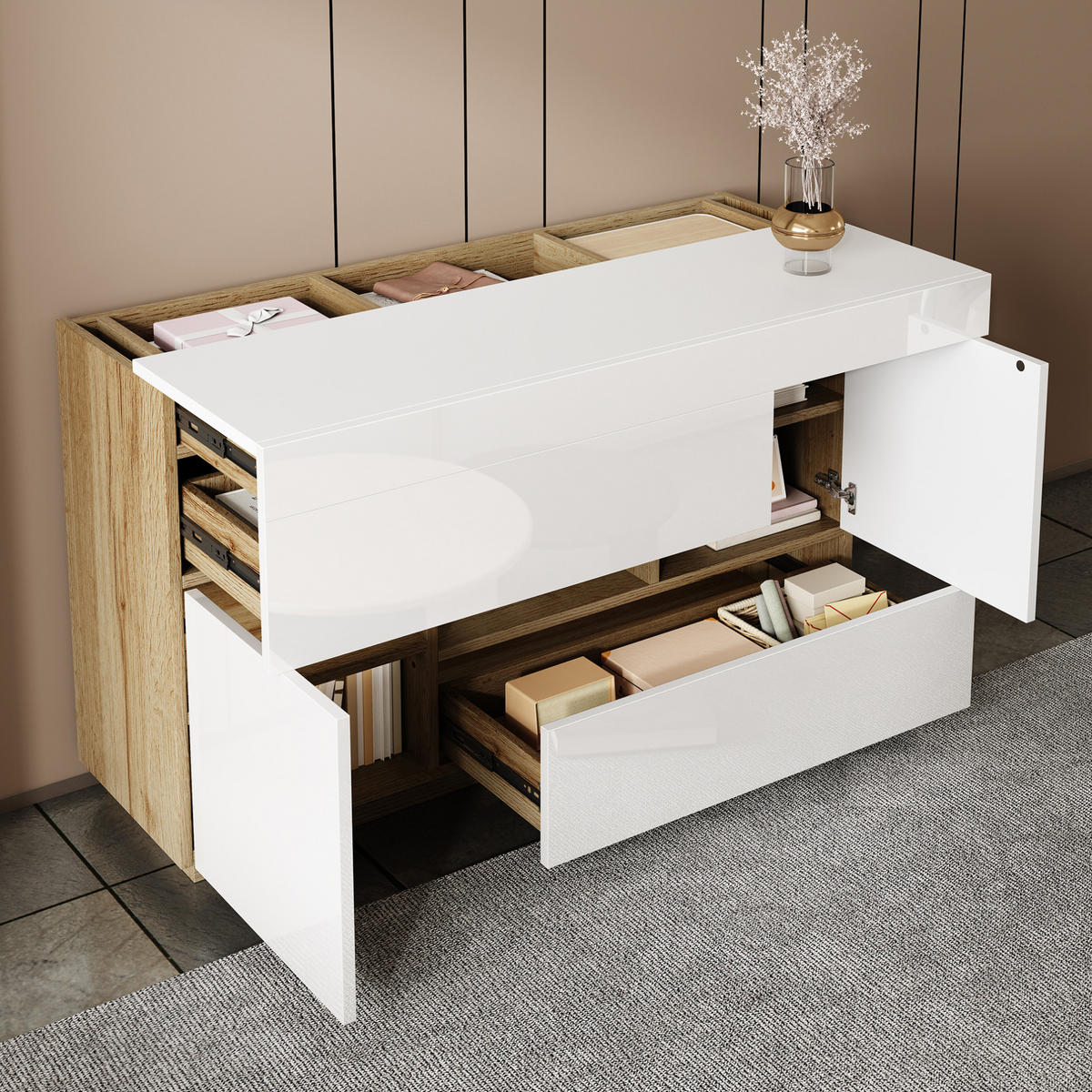 SIDEBOARD mit 2 Schubladen, Türen und offenem Fach, Hochglanz mit Holzoptik, integrierter 16-Farben-LED-Streifen, Spanplatte, 120/37/76,5 cm, Weiß - Weiß, Holzwerkstoff (120/37/76.5cm) - Redom