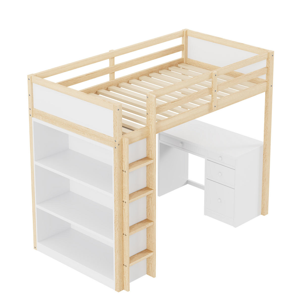HOCHBETT 90/200 cm aus Kiefernholz – mit Schreibtisch, Stauraum und Leiter - Naturfarben, Holzwerkstoff (90/200cm) - BEAOK