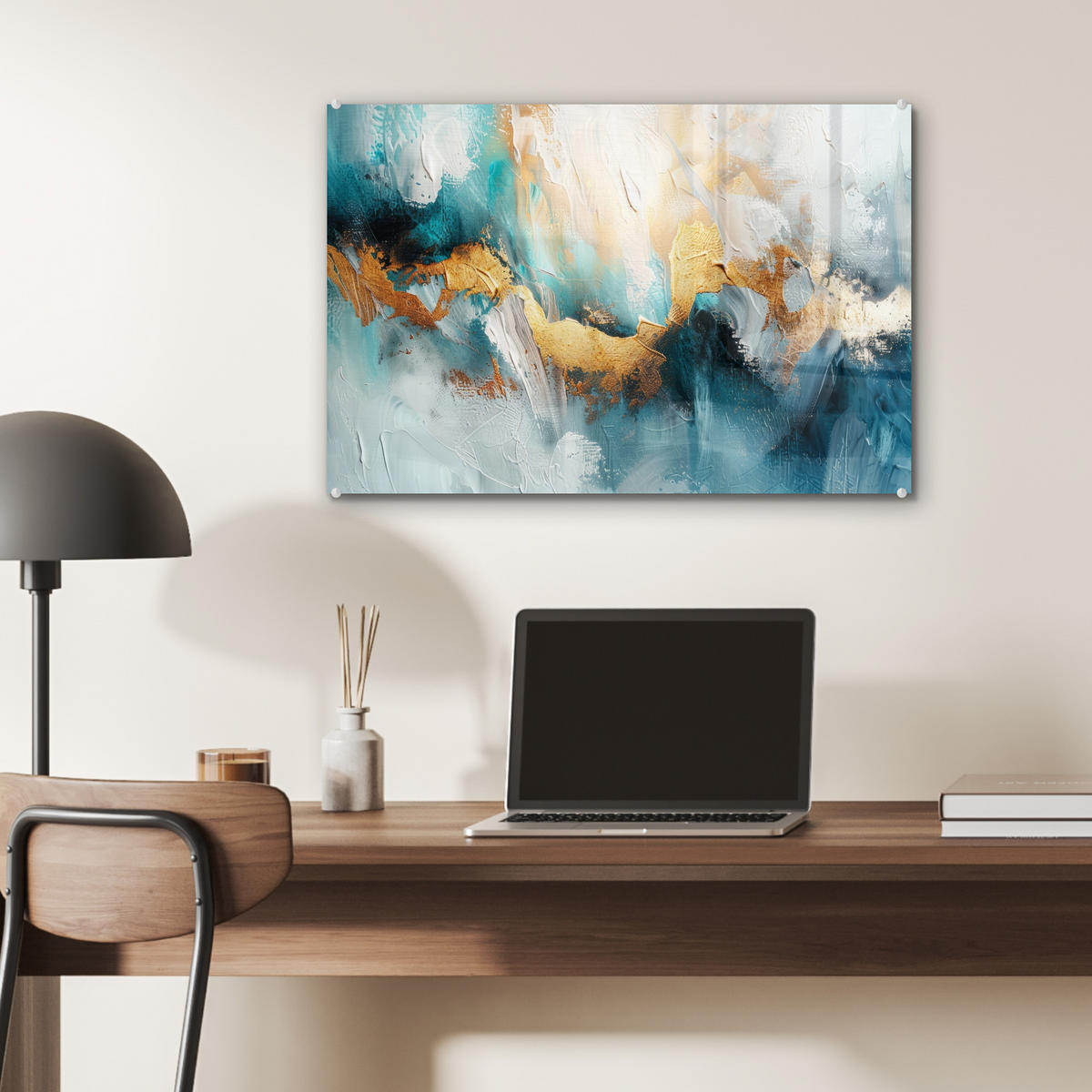 ACRYLGLASBILD Abstrakt - Kunst - Gold - Blau 60x40 cm - Petrol, Glas (60/40cm) - MuchoWow
