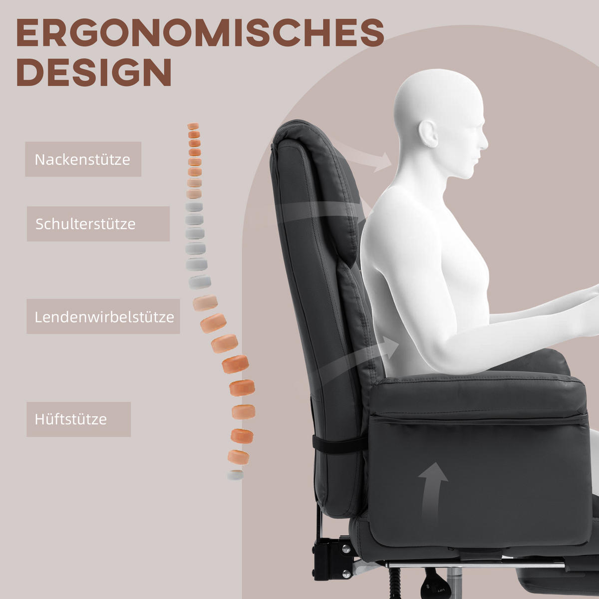 BÜROSTUHL, Ergonomisch Schreibtischstuhl mit Liegefunktion, Lendenkissen Schwarz - Chromfarben/Schwarz, Kunststoff/Metall (65/115/69cm) - HOMCOM