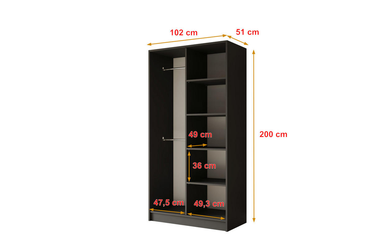 KLEIDERSCHRANK - LUSSO - 102 - Schwarz - Schwarz, Holzwerkstoff (102/200/51cm) - ALTDECOR