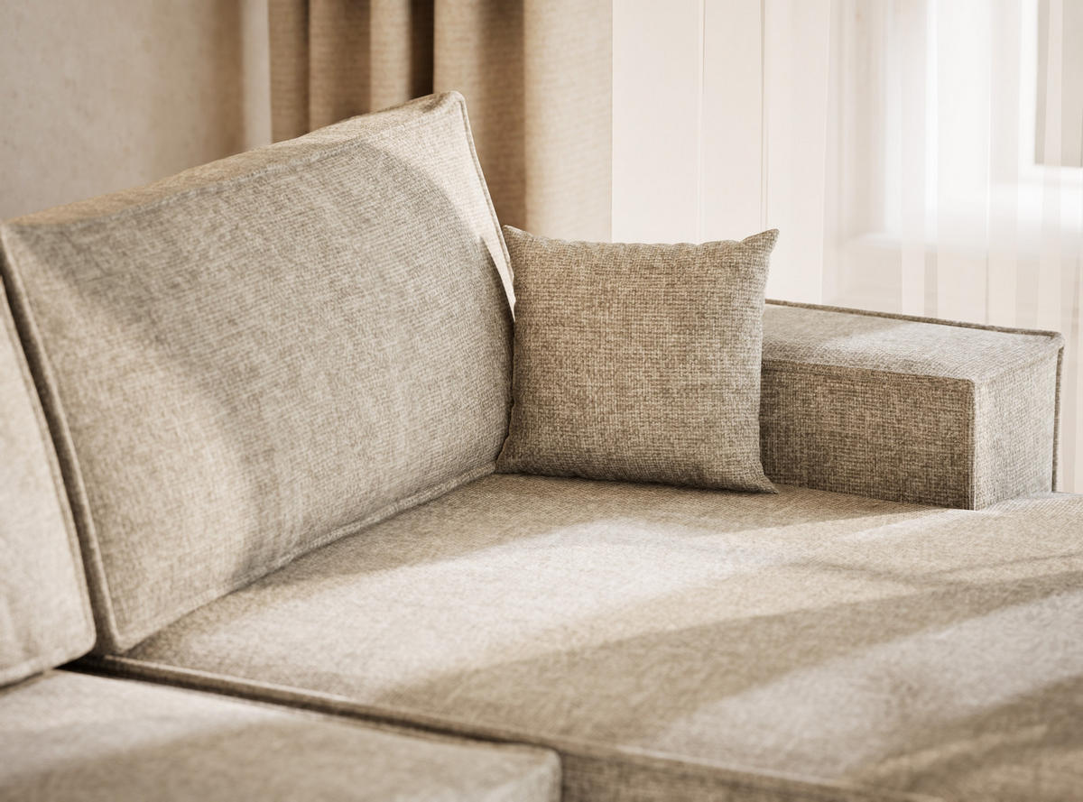 WOHNLANDSCHAFT Kyoto Beige Chenille-Stoff - Beige/Schwarz, Holz/Holzwerkstoff (398/70/148cm) - Maison de Reve