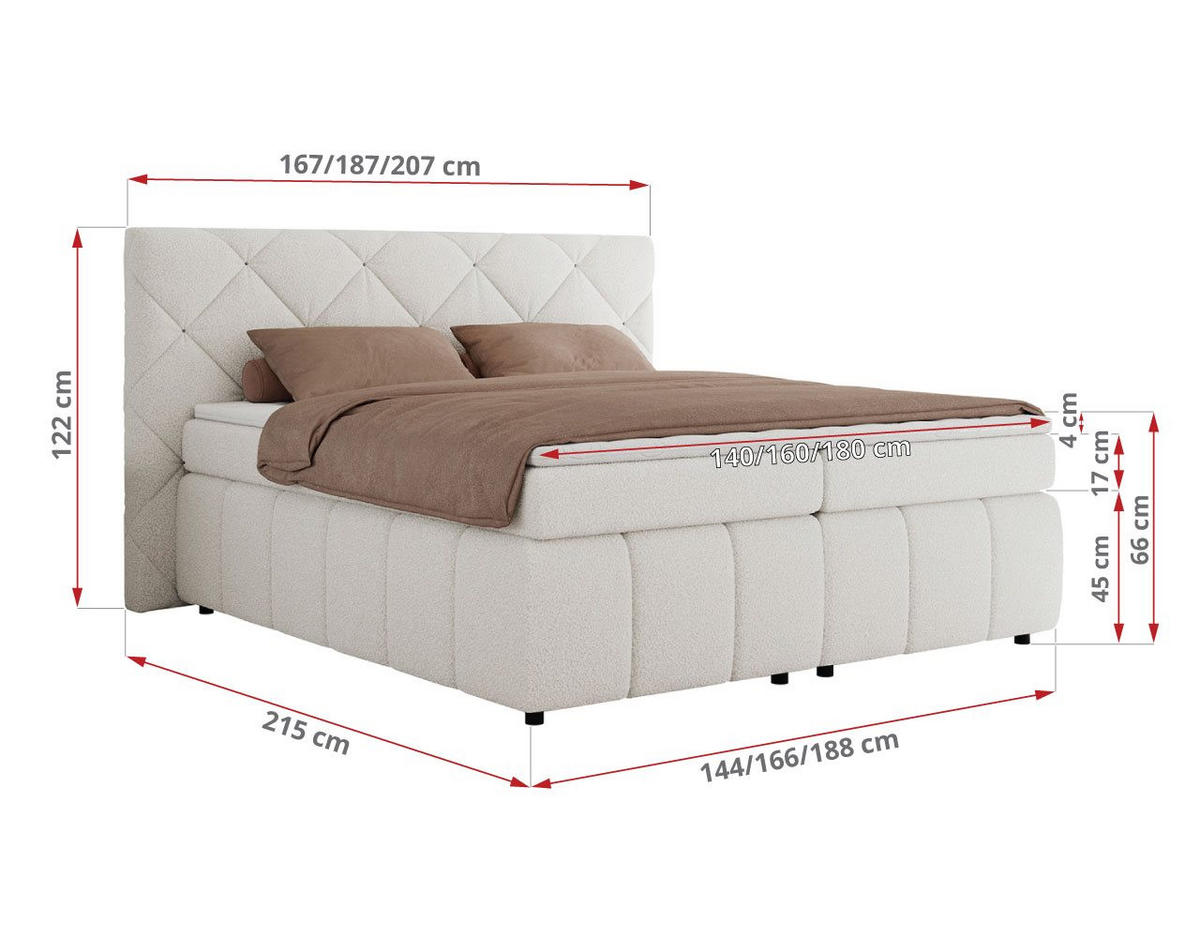 BOXBETT RITA 160/200 - Weiß Boucle - H3 - Weiß, Holz/Textil (160/200cm)