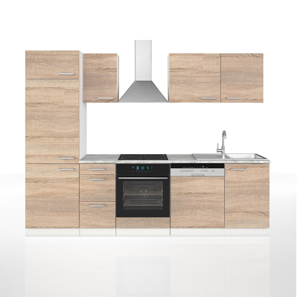 KÜCHENZEILE Optima Sonoma 270 cm ohne AP - Weiß/Sonoma Eiche, Holzwerkstoff (270/81.6/46cm) - Vicco