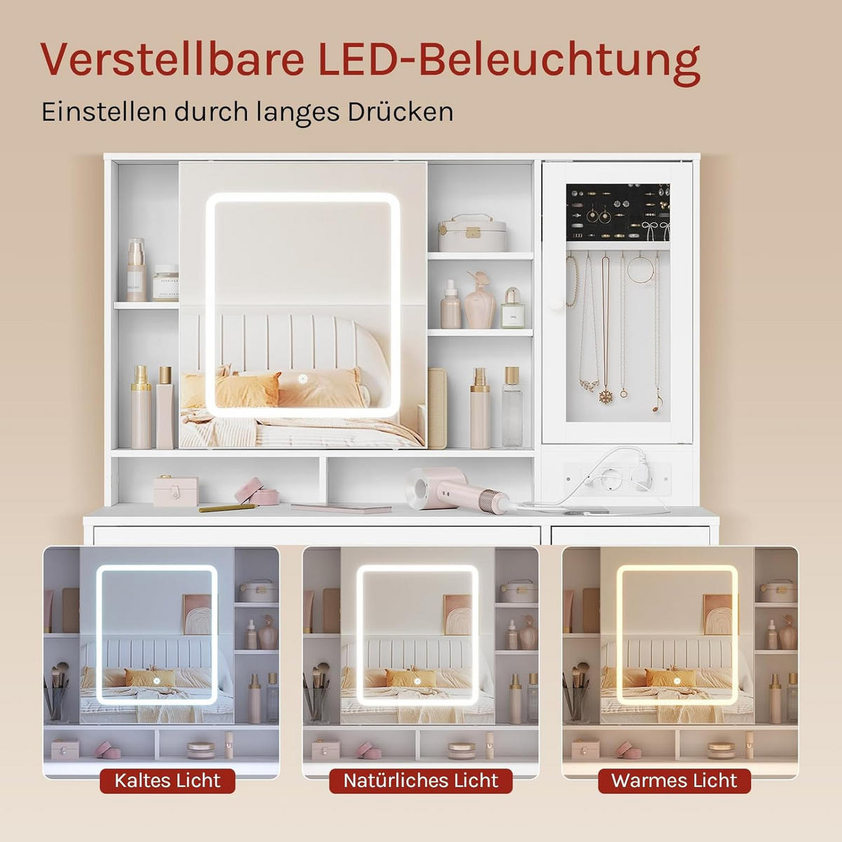 SCHMINKTISCH mit LED Beleuchtung, Spiegel, Einstellbarer Helligkeit, Weiß - Weiß, Glas/Holzwerkstoff (108/139/40cm) - Woltu