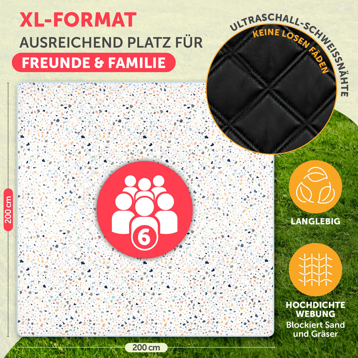 PICKNICKDECKE wasserabweisend 200x200 cm Boho & Terrazzo Design - Terrazzo Bunt - Ecru, Textil (200/200cm) - Blumtal