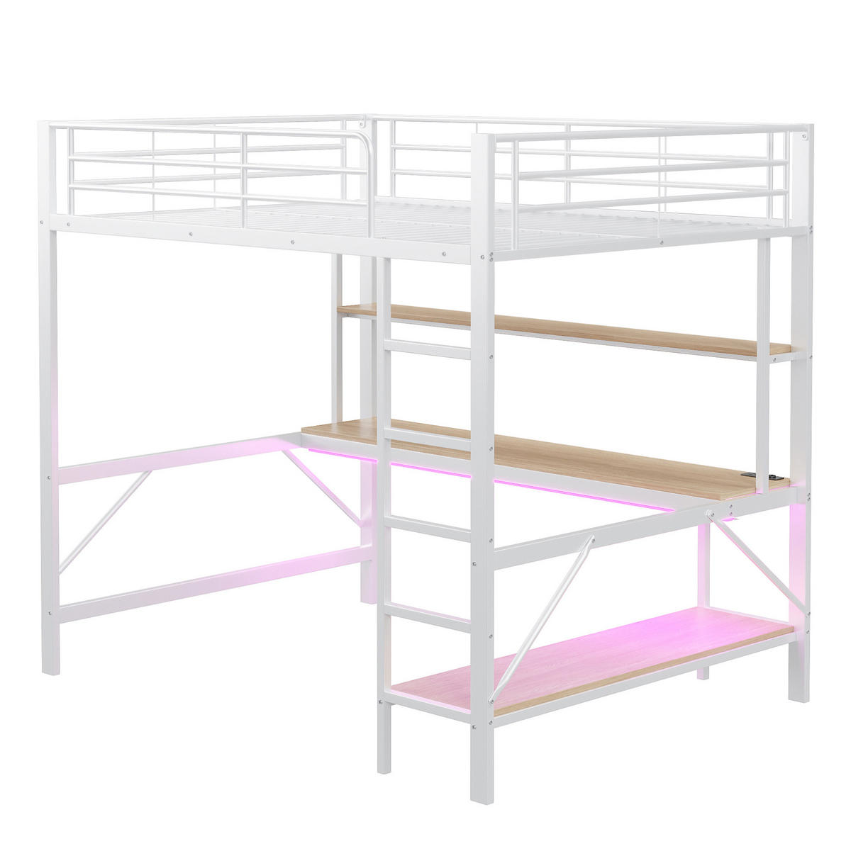 HOCHBETT 140/200 cm mit Schreibtisch, Regal, USB, Steckdose und LED-Beleuchtung aus Metall/MDF, Weiß - Weiß, Metall (140/200cm) - Redom