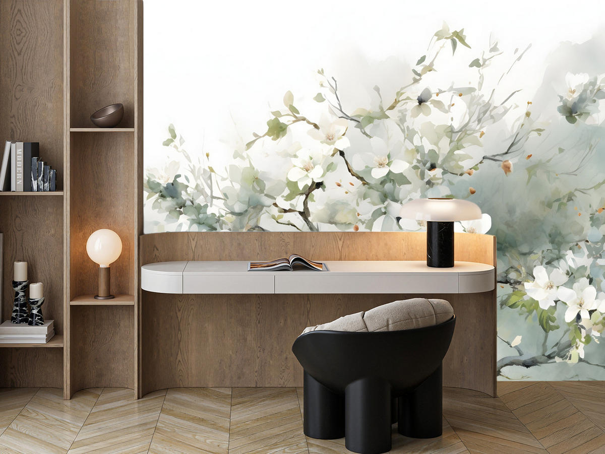 FOTOTAPETE für Wohnzimmer Aquarellbaum Blumen Natur 450x315 - Beige/Weiß, Papier (450/315cm) - Muralo