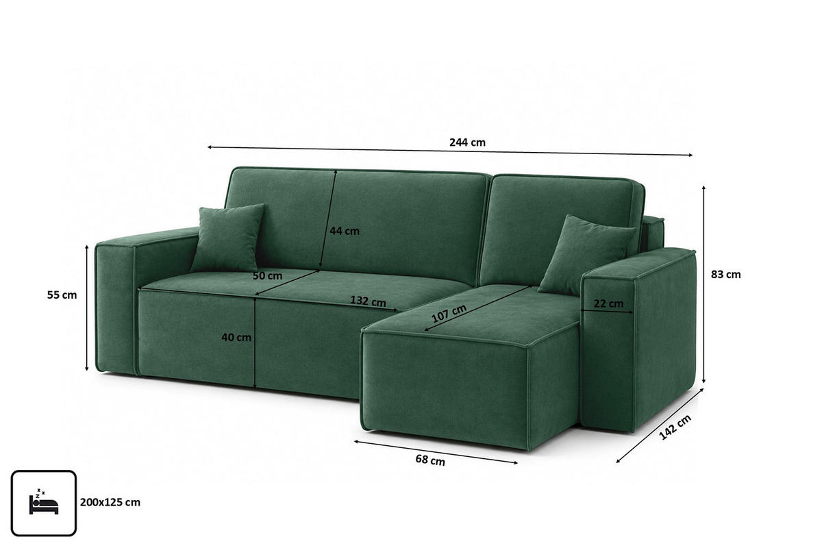 ROHOVÁ SEDAČKA ve tvaru L s funkcí spaní a úložným prostorem, velurová tkanina Bluvel, Zelená, Pravá strana, BEST L - zelená barva, dřevo (244/142cm) - Kaiser Möbel