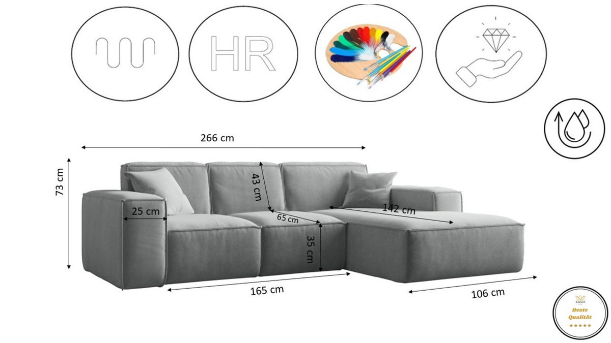 ECKSOFA L-Form Siena Stoff Salvador Grau Rechts - Grau, Holz (266/165cm) - Kaiser Möbel