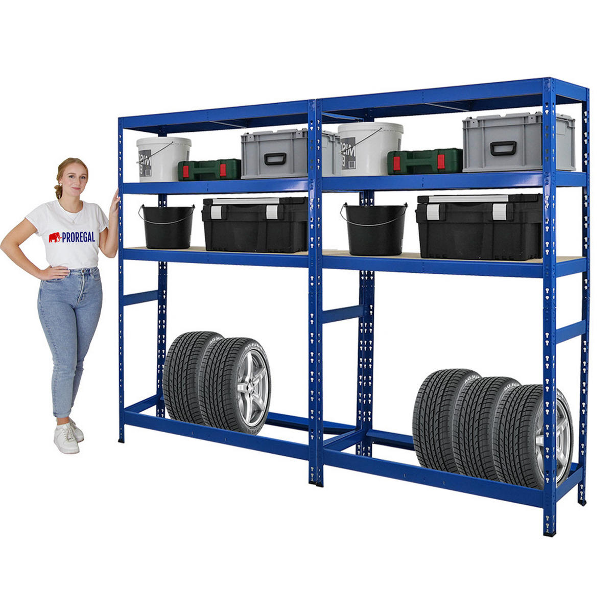 REIFENREGAL Tiger 2er-Set mit 2x 180x120x40 cm bis zu 12 Reifen mit 3 Fachboden Blau - Blau, Metall (240/180/40cm) - PROREGAL