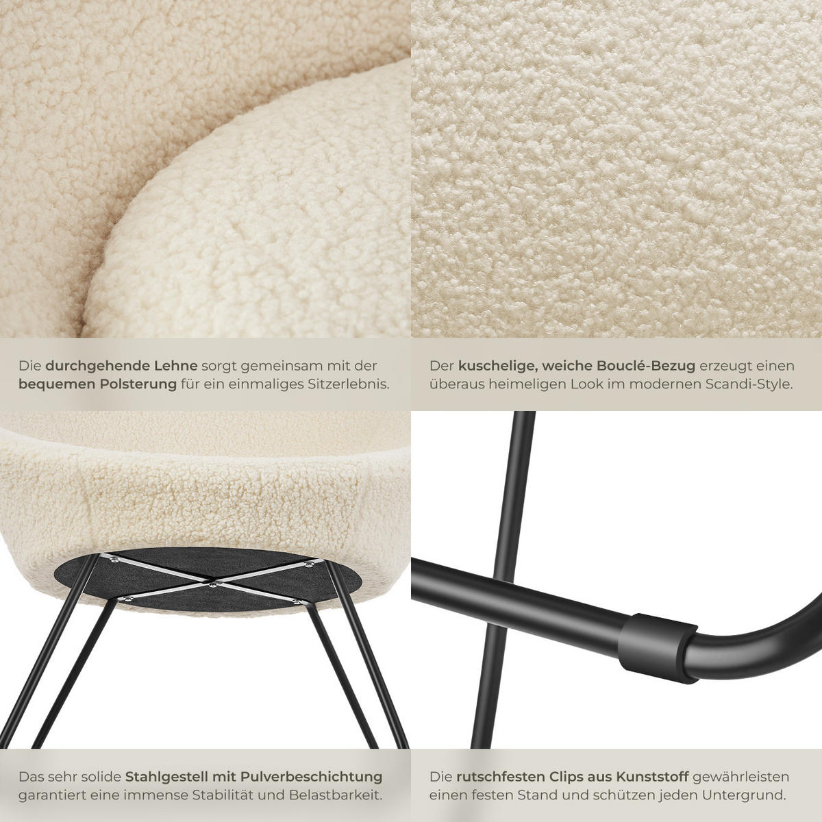 COCKTAILSESSEL Centera,83 x 73 x 82 cm,Bouclé off-white - Weiß, Metall (83/82/73cm) - tectake