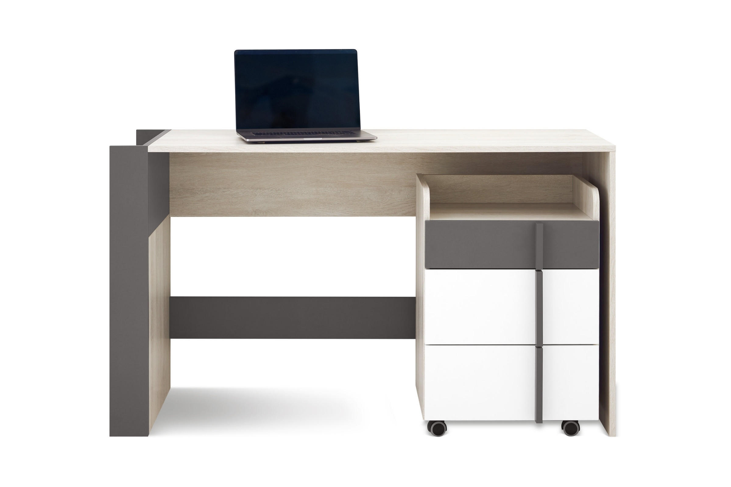 KINDERSCHREIBTISCH REMI 10 130 cm breit mit Container 11 in Eichenweiß / Weiß Matt / Anthrazit - Eichefarben/Anthrazit, Holzwerkstoff (130/76/55cm) - Deine Möbel 24