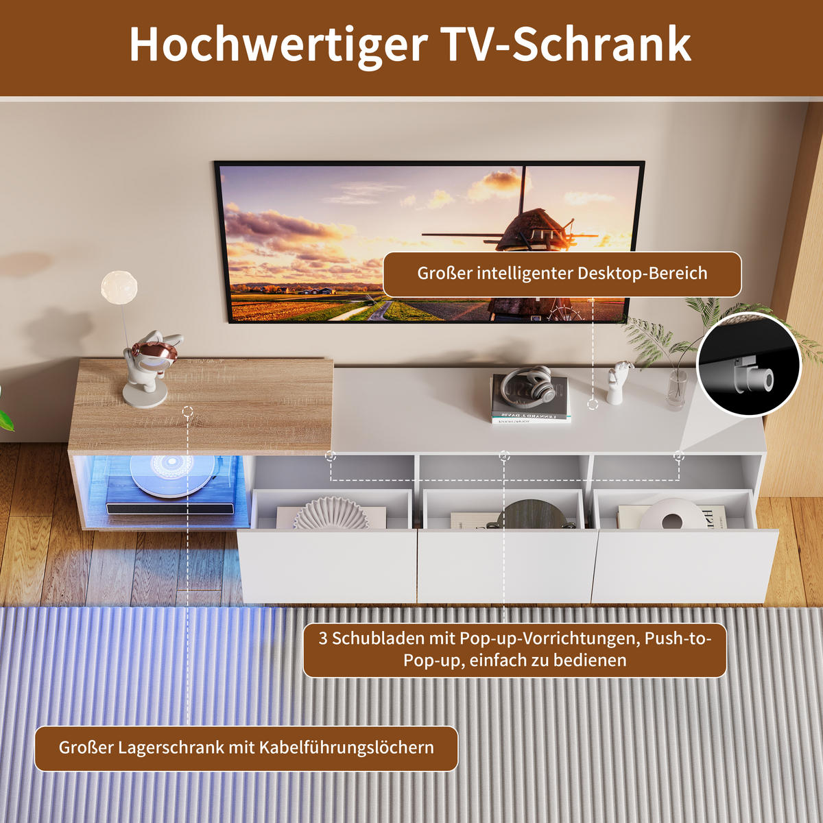 TV-SCHRANK 180 cm, weiß, LED tricolor Sensor, Feder-Schubladen, Holz braun/weiß, modern - Weiß, Holz (240/44/38cm) - EuroLiving