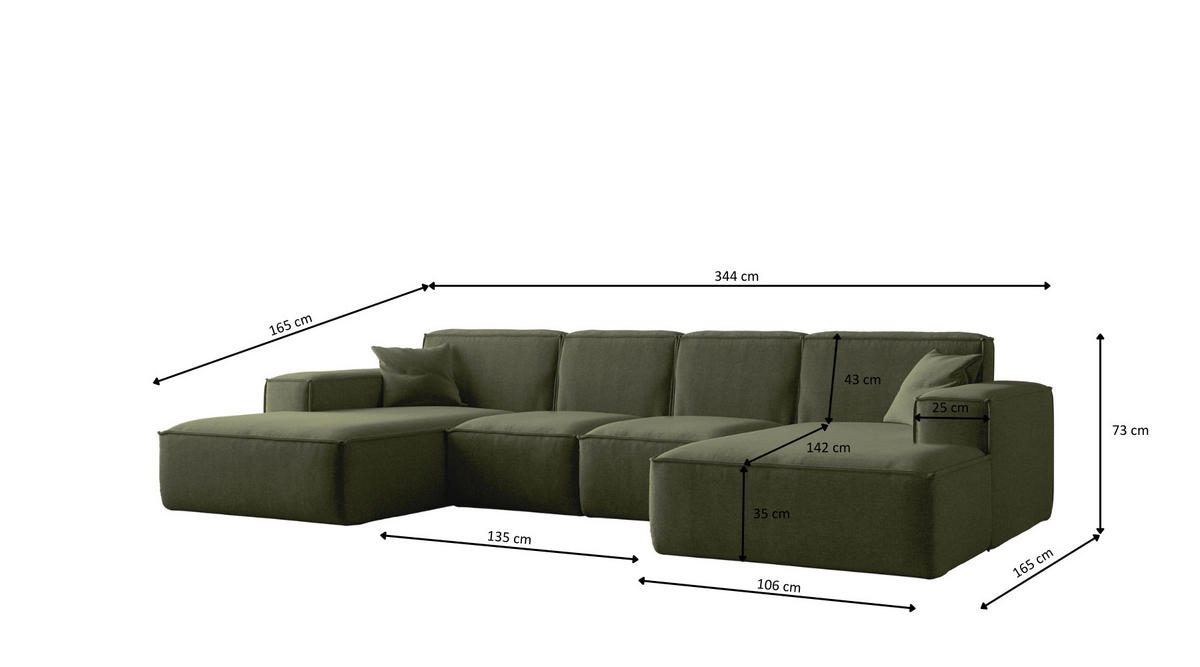 ECKSOFA U-Form Siena mit Stoff Maloy Grün - Grün, Holz (344/165cm) - Kaiser Möbel