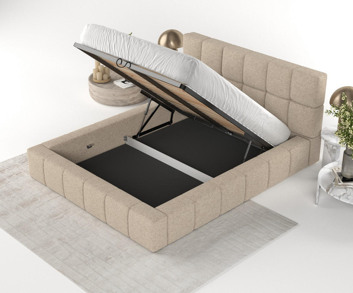 POLSTERBETT Paros mit Stauraum 160/200 cm Hellbeige im Bubble Stoff - Sandfarben/Schwarz, Holz/Holzwerkstoff (160/200cm) - AltaBeds