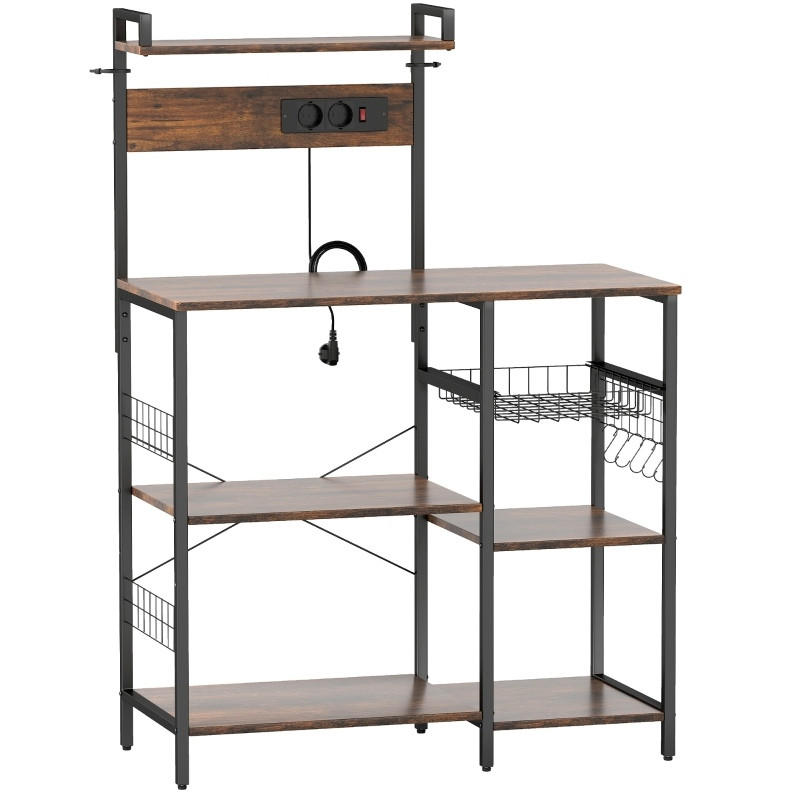 KÜCHENREGAL 90x42x130cm Braun mit verstellbarem Regal, Drahtkorb & Haken - Braun, Holz (90/130/42cm) - Modfu