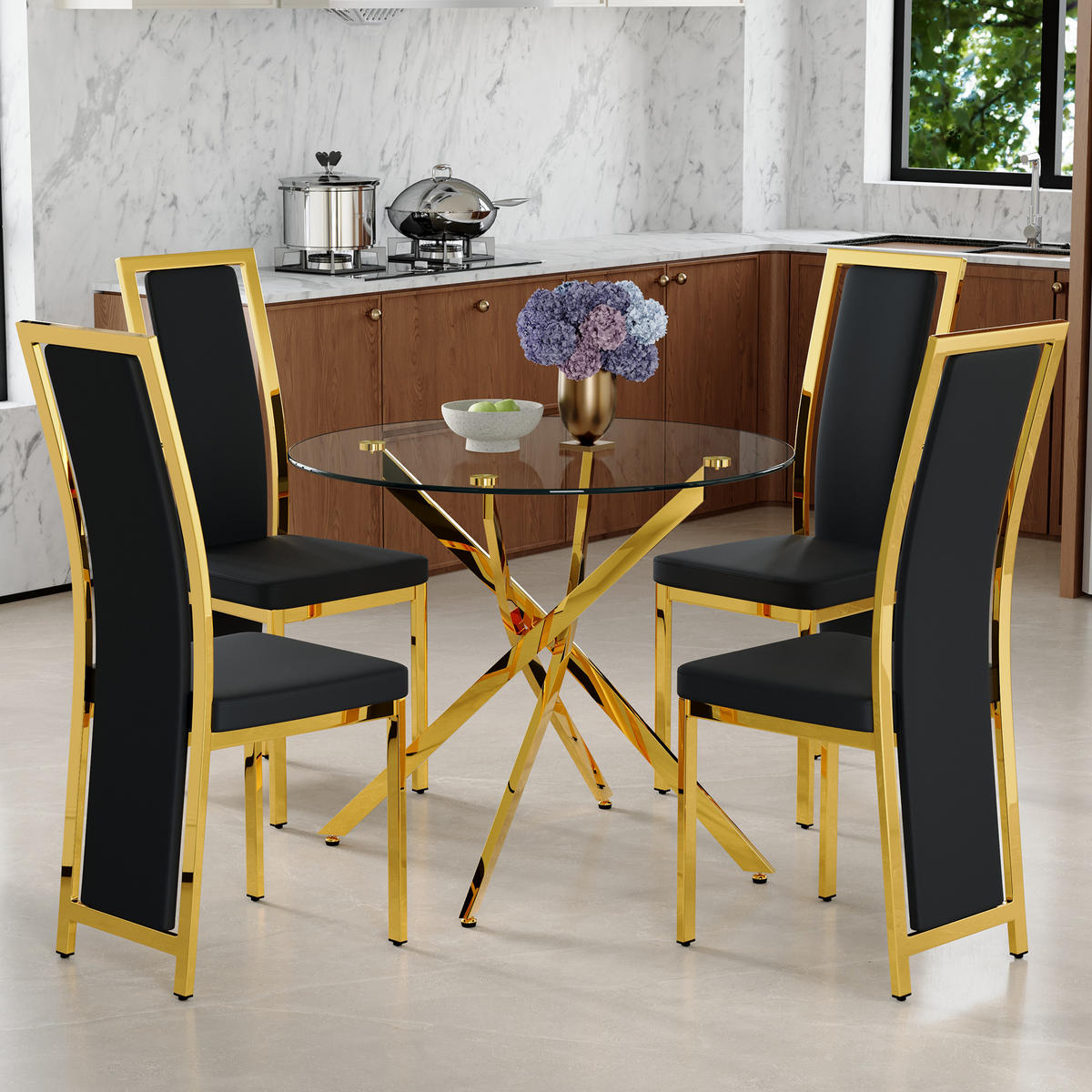 ESSGRUPPE DE-39460 5-teilig, Glastisch und 4 Stühlen mit Goldkante Schwarz - Goldfarben/Schwarz, Metall (88/75/88cm) - ComfortXL
