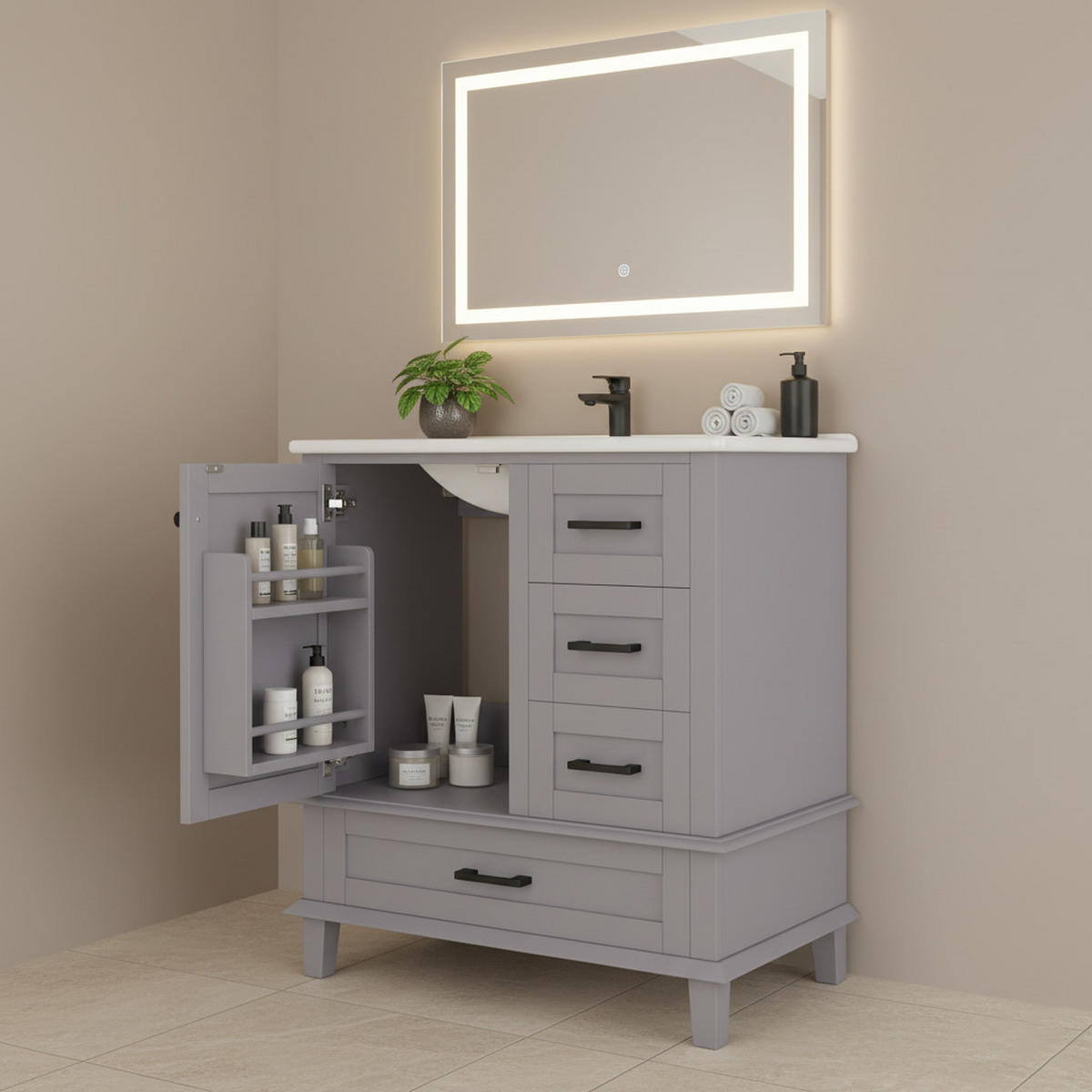 WASCHTISCHKOMBI Grau freistehend mit Keramikbecken & 3 Schubladen - Grau, Keramik/Holzwerkstoff (76/83.5/46cm) - Urban Meuble