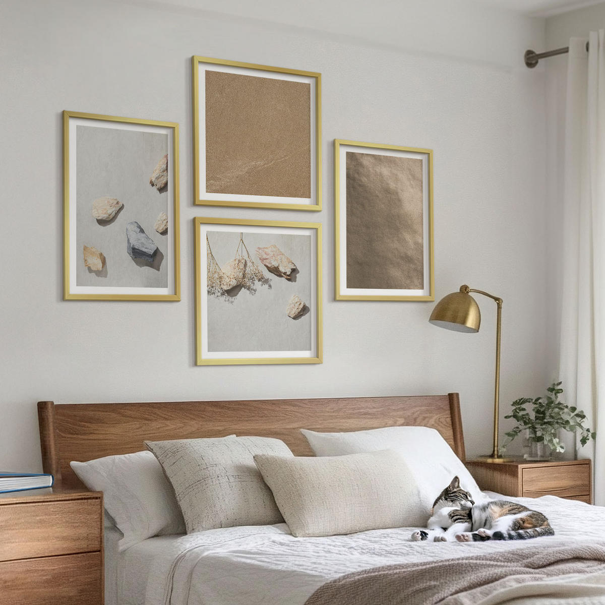 BILDER SET 4er Set - 50x50 cm & 40x60 cm Goldrahmen - Strandsteine natürliche Strukturen - Goldfarben, Kunststoff (50/50cm) - TULUP