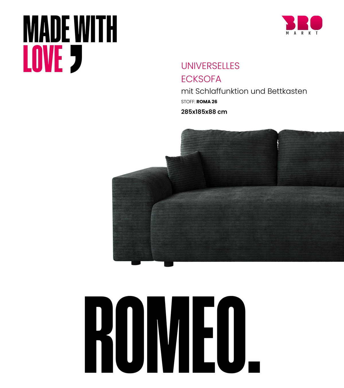 ECKSOFA Romeo mit Schlaffunktion Dunkelgrau - Dunkelgrau, Textil (285/185cm) - Bromarkt