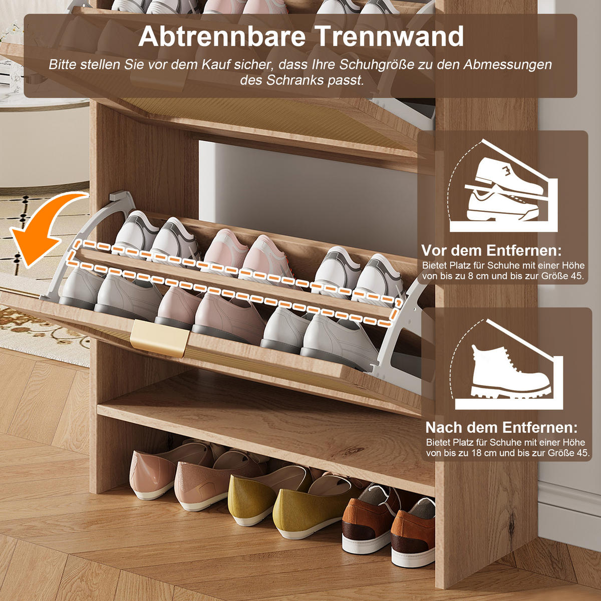 SCHUHSCHRANK 65x25x106cm Holzoptik mit Rattan-Doppeltüren - Naturfarben, Holzwerkstoff (65/106/25cm) - FLIEKS