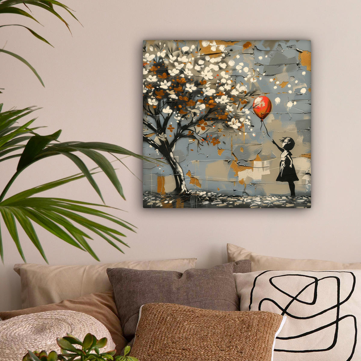 OBRAZ NA PLÁTNĚ Strom - Graffiti - Banksy styl - Dívka s balónkem 50x50 cm - šedohnědá, textil (50/50cm) - MuchoWow