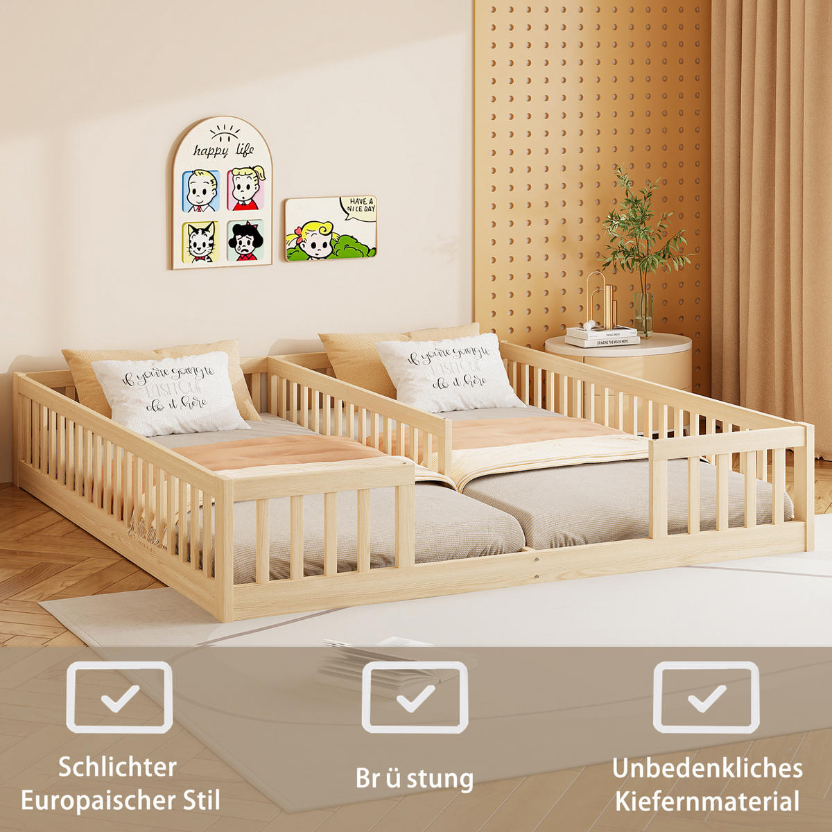 KINDERBETT aus Kiefer und MDF 90x200 cm Natur mit Lattenrost, Sicherheitsgitter und Platz für 2 Kinder - Naturfarben, Holzwerkstoff (90/200cm) - Modfu