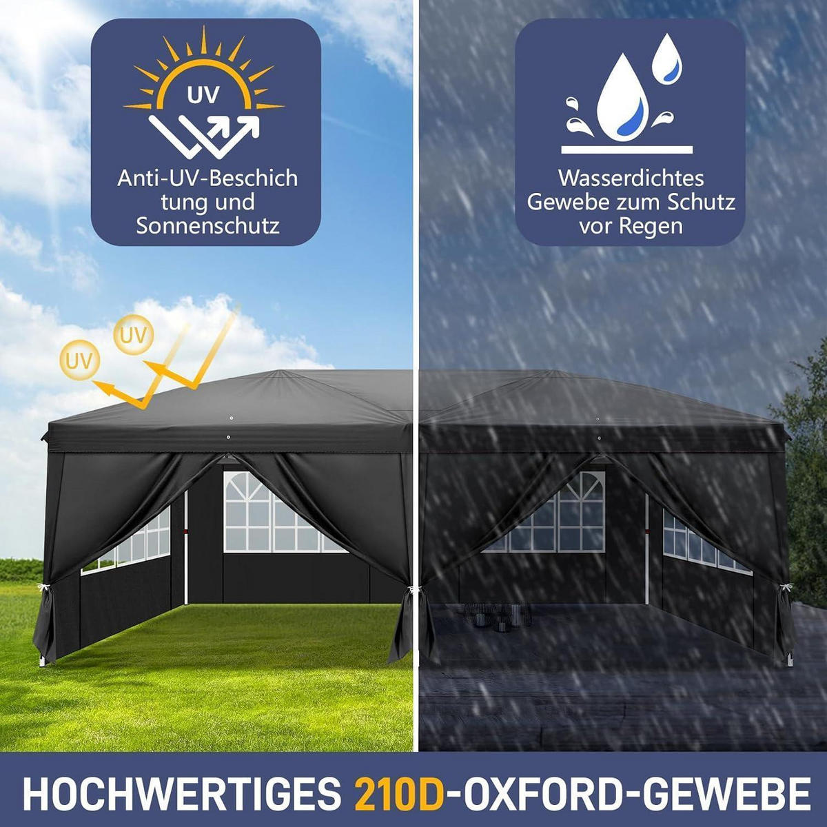 FALTPAVILLON 3 x 6 m Schwarz mit 6 Seitenteilen Wasserdicht UV-Schutz 50+ - Schwarz, Textil (300/255/600cm)