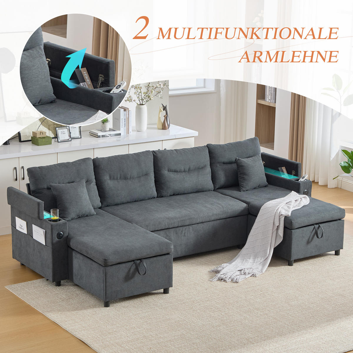 SCHLAFSOFA 4-Sitzer mit Chaiselongues, USB und Stauraum, Dunkelgrau - Dunkelgrau, Textil (272/86/136cm)
