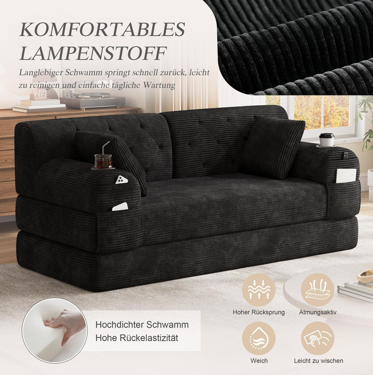 SCHLAFSOFA mit hoher Rückenlehne 168 x 80 x 81 cm Schwarz - Schwarz, Kunststoff (80/81/168cm) - Meubliv