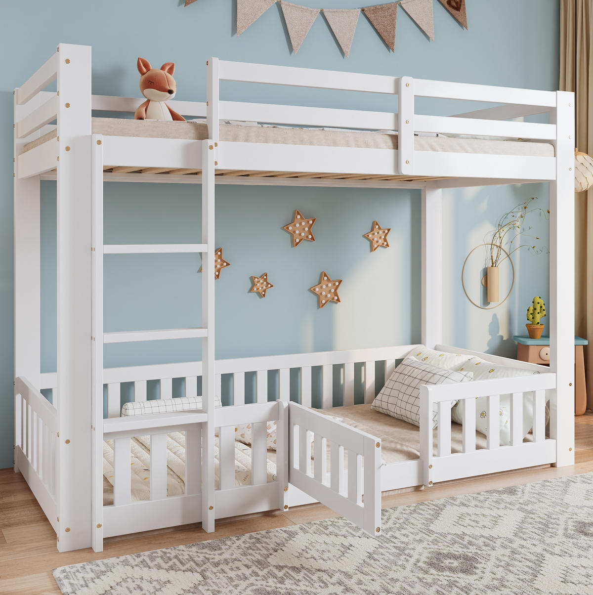 ETAGENBETT 90/200 cm weiß aus Kiefer/LVL mit Treppe und Tür - Weiß, Holzwerkstoff (90/200cm) - OKWISH