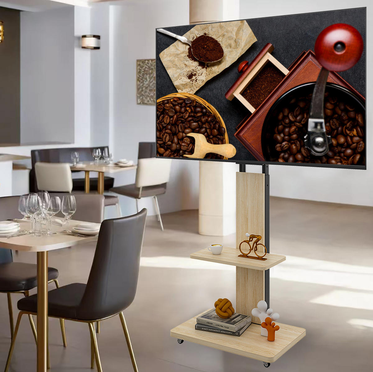 TV-STÄNDER Breite 60 cm höhenverstellbar mit Rollen & MDF-Ablagen - Hellbraun, Holzwerkstoff (60/150/40cm) - BEAOK