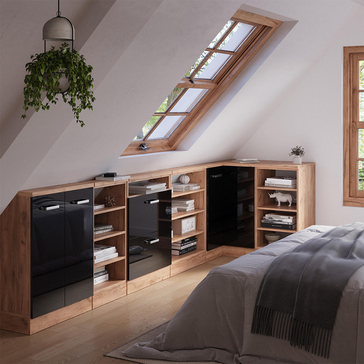 DACHSCHRÄGENSCHRANK ECKSCHRANK Rion Schwarz Hochglanz/Goldkraft Eiche 75.6 x 81.6 cm mit 1 Tür - Honigeiche/Schwarz Hochglanz, Holzwerkstoff (75.6/81.6/75.6cm) - Vicco