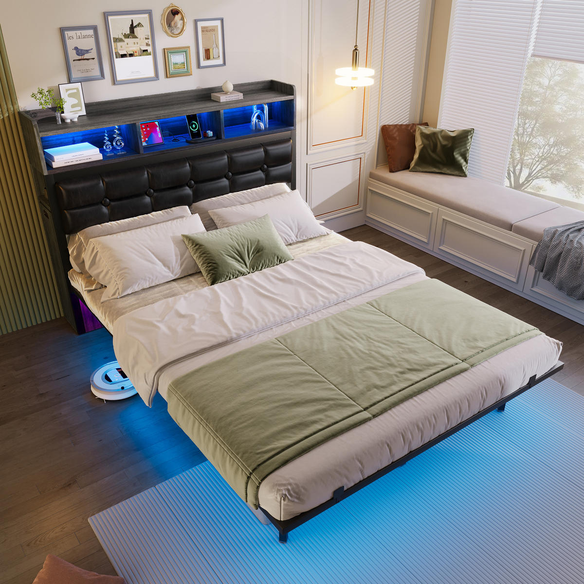 METALLBETT 140/190 cm Schwarz mit 2 ausziehbaren Nachttischen, LED und Ablagefächern - Grau, Metall (140/190cm) - Oxeza